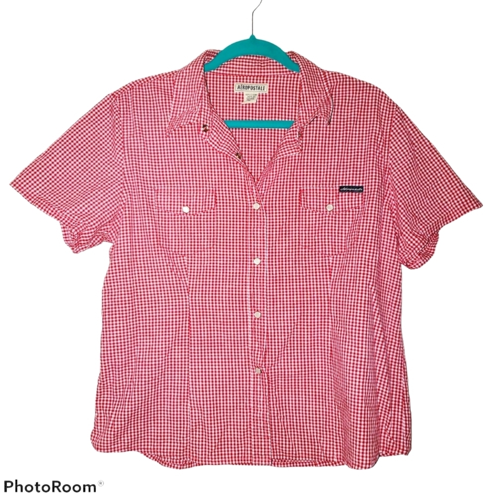 Aeropostale Women's Short Sleeve Collared Snap Up Top Red & White Check 535